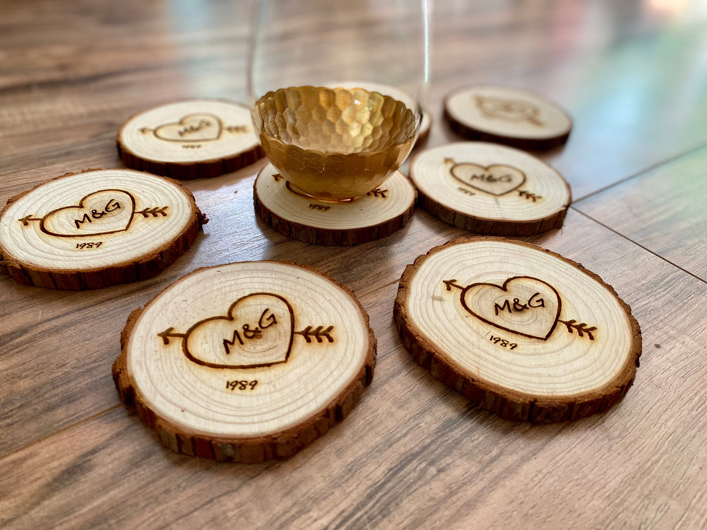 Custom Wood Slice Wedding Favors - Laser Engraved with Heart, Couple's Initials, & Wedding Date or Year.