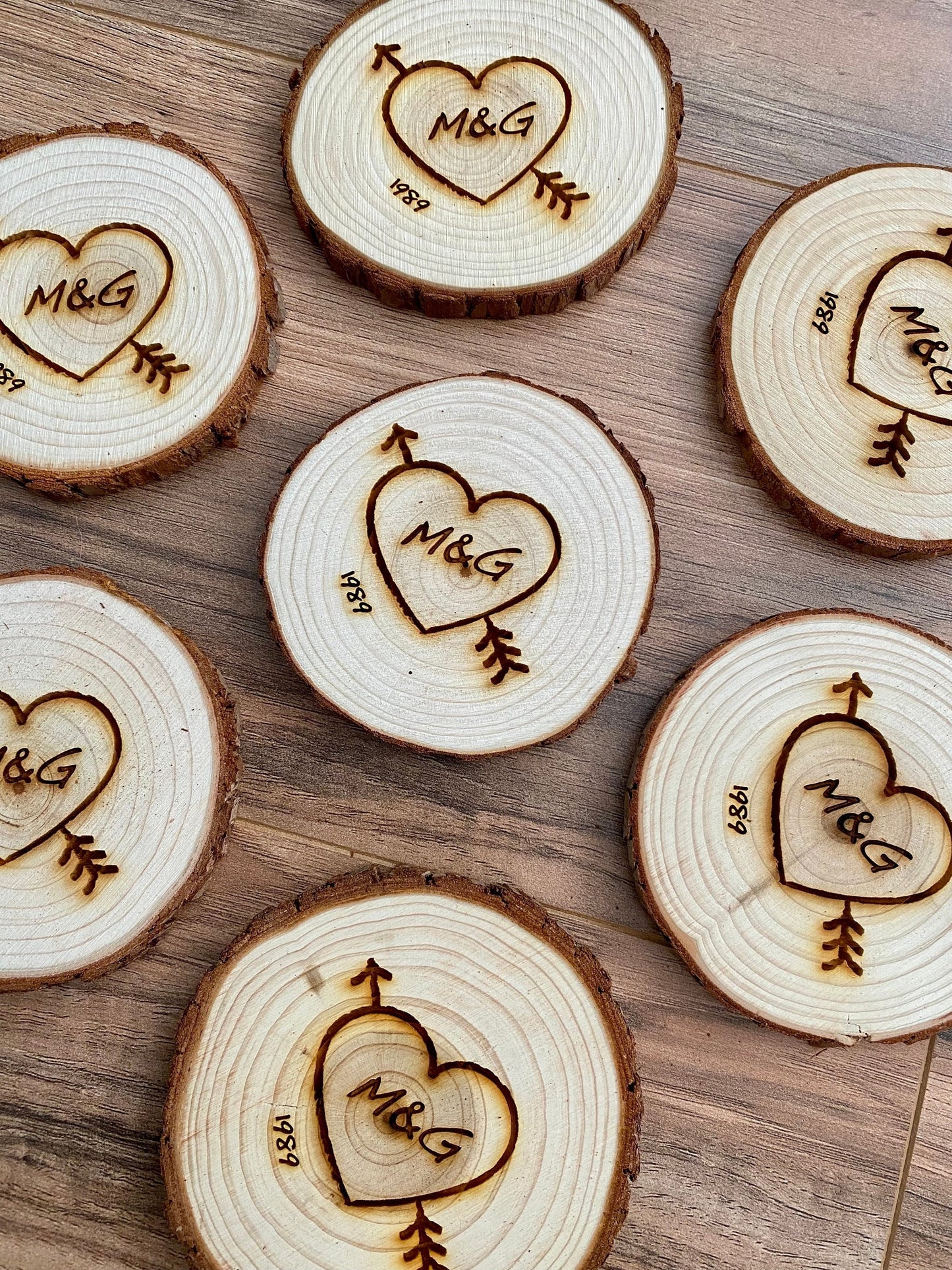 Custom Wood Slice Wedding Favors - Laser Engraved with Heart, Couple's Initials, & Wedding Date or Year.