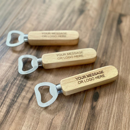 Engraved Wood Bottle Opener - Laser Engraved with Custom Message or Logo - Stainless Steel and Wood Construction