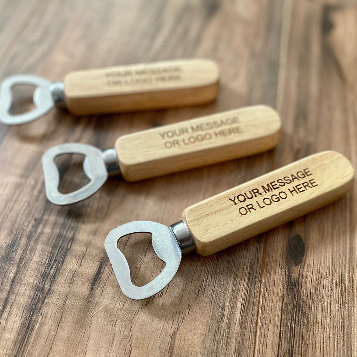 Engraved Wood Bottle Opener - Laser Engraved with Custom Message or Logo - Stainless Steel and Wood Construction