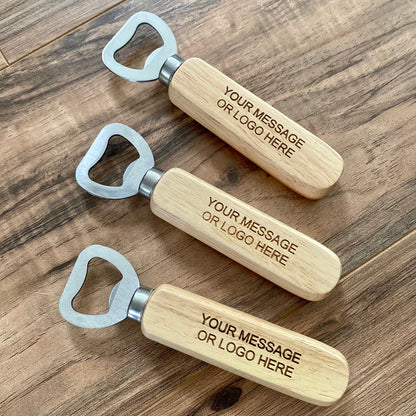 Engraved Wood Bottle Opener - Laser Engraved with Custom Message or Logo - Stainless Steel and Wood Construction