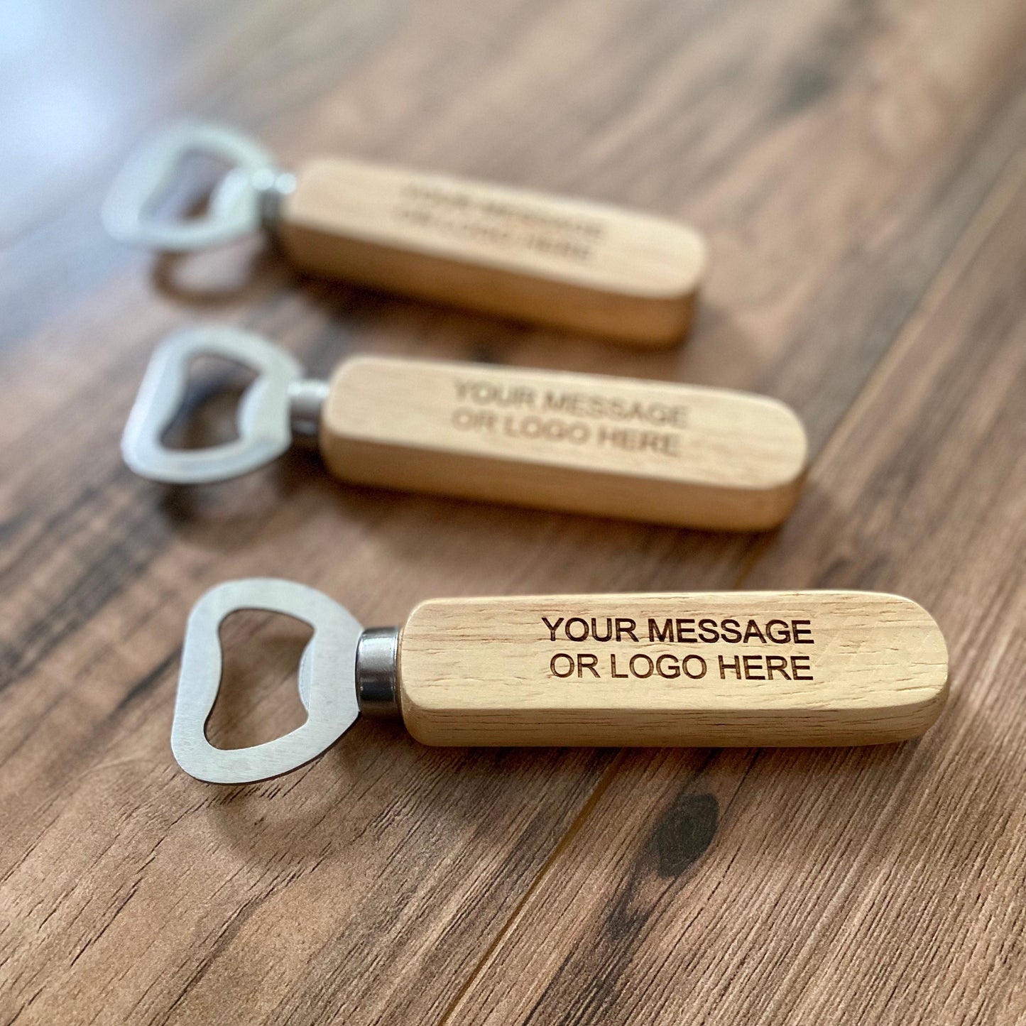 Engraved Wood Bottle Opener - Laser Engraved with Custom Message or Logo - Stainless Steel and Wood Construction