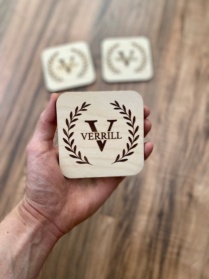 Engraved Monogram Wood Coaster Set - Engraved Family Name Coasters - Perfect Wedding Gift