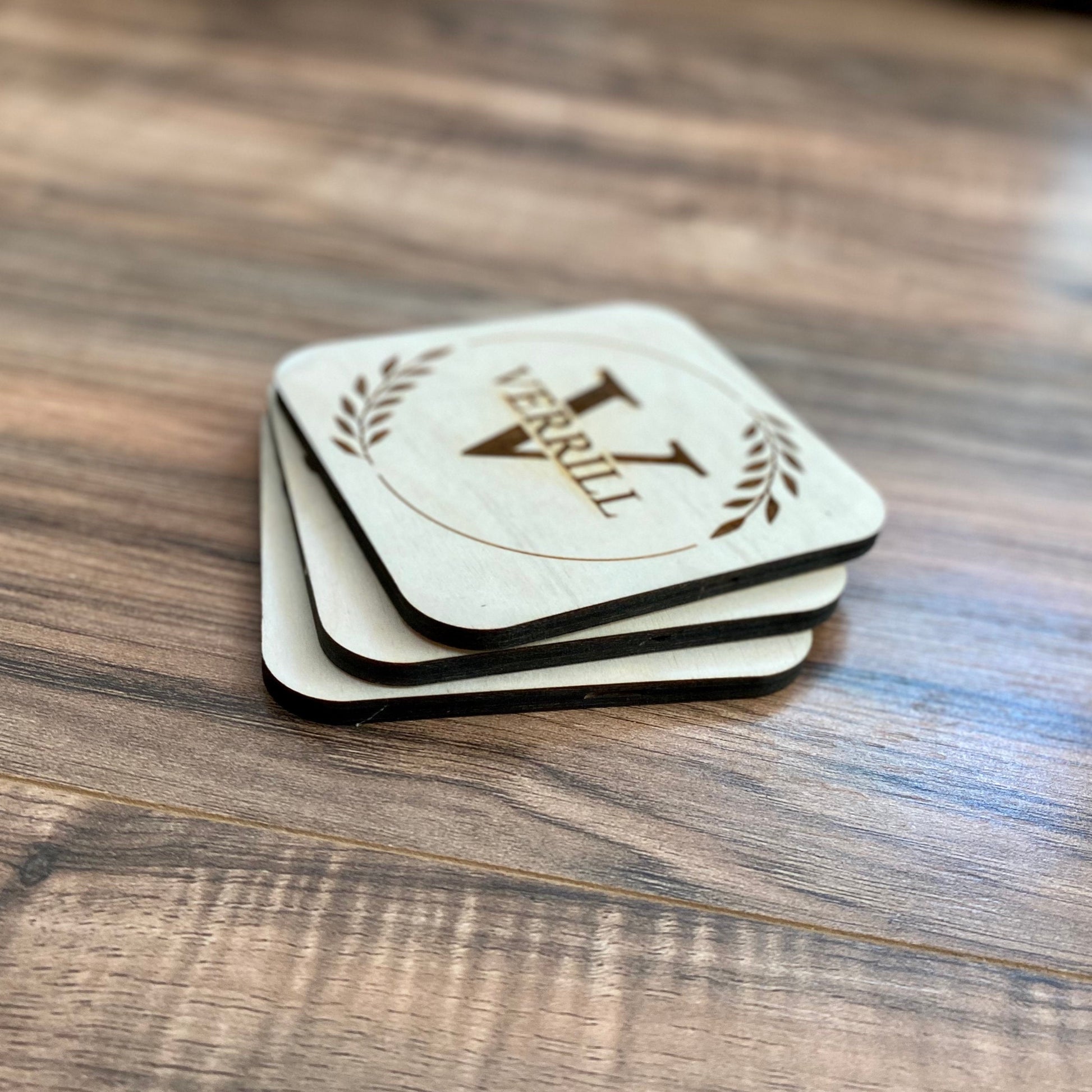 Engraved Monogram Wood Coaster Set - Engraved Family Name Coasters - Perfect Engagement Gift