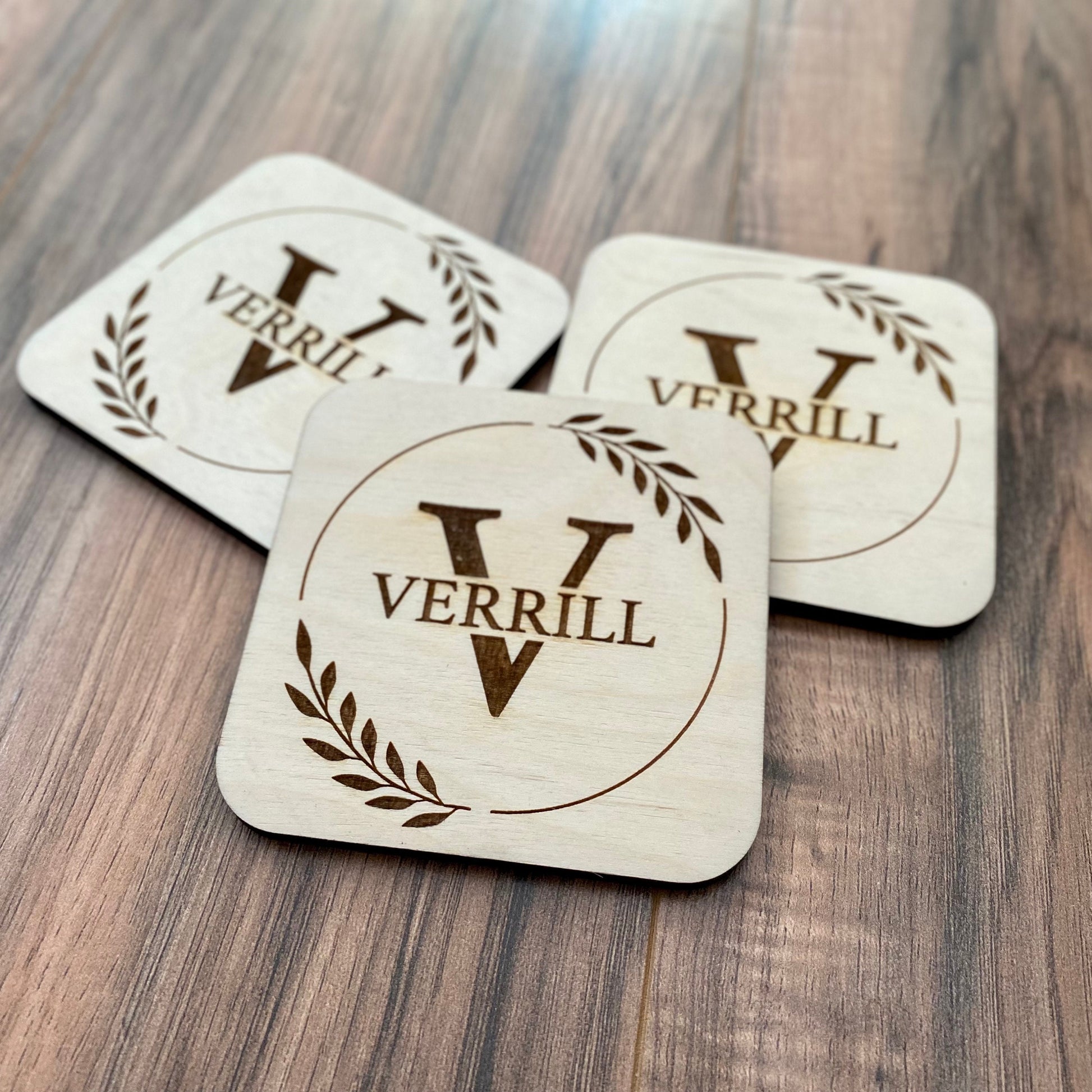 Engraved Monogram Wood Coaster Set - Engraved Family Name Coasters - Perfect Engagement Gift