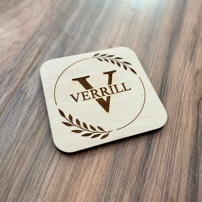 Engraved Monogram Wood Coaster Set - Engraved Family Name Coasters - Perfect Engagement Gift