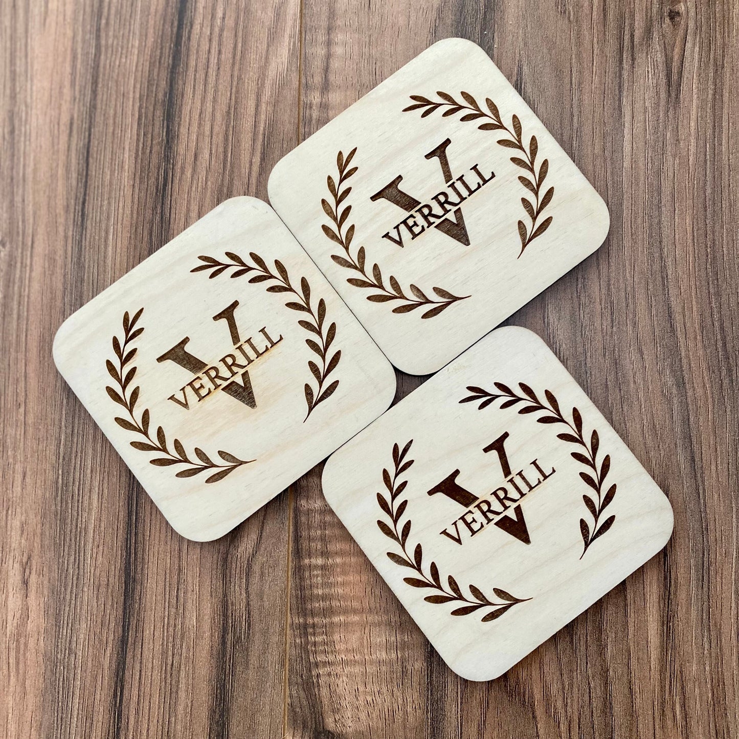 Engraved Monogram Wood Coaster Set - Engraved Family Name Coasters - Perfect Wedding Gift