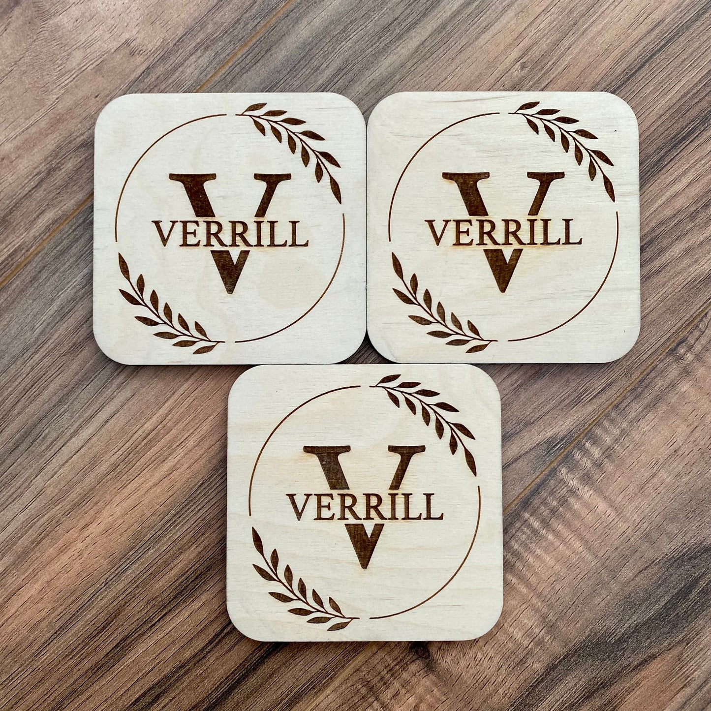 Engraved Monogram Wood Coaster Set - Engraved Family Name Coasters - Perfect Engagement Gift