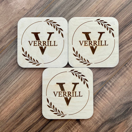 Engraved Monogram Wood Coaster Set - Engraved Family Name Coasters - Perfect Engagement Gift