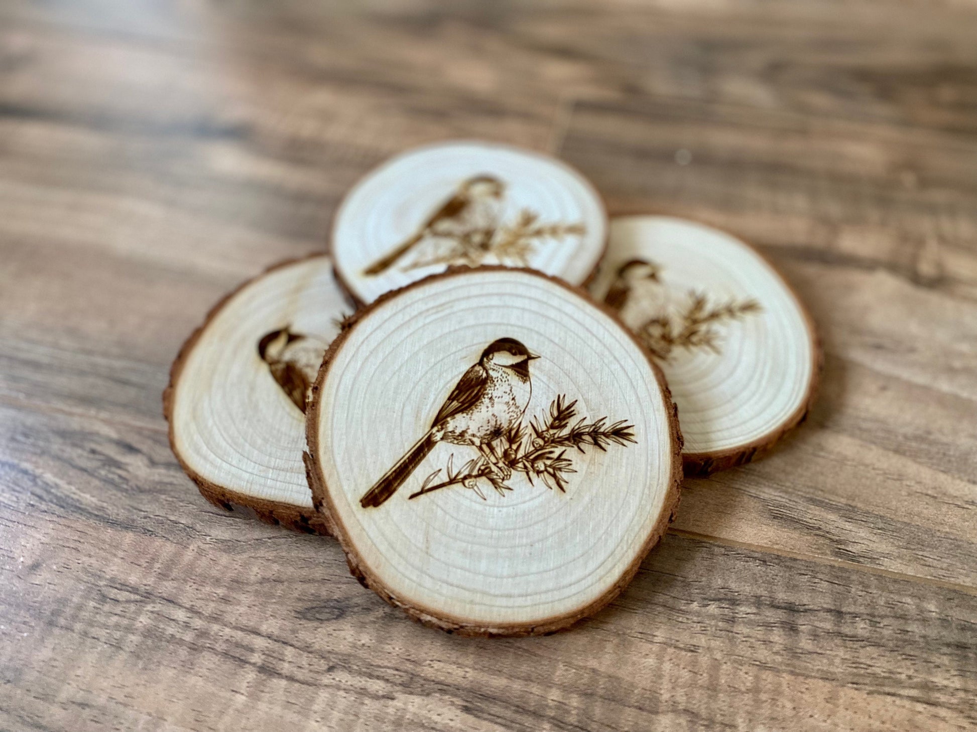Chickadee Engraved Wood Coaster Set - Perfect Gift for Wedding, Engagement, Anniversary, or Christmas