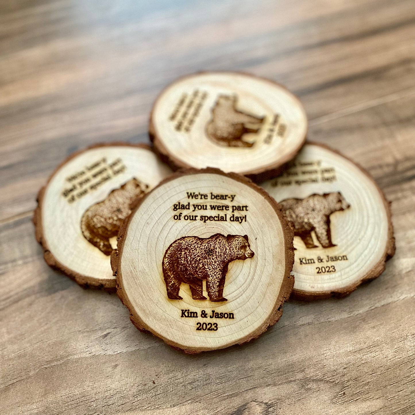 Custom Wood Slice Wedding Favors - Laser Engraved with Couple's Names, Wedding Date, & Bear