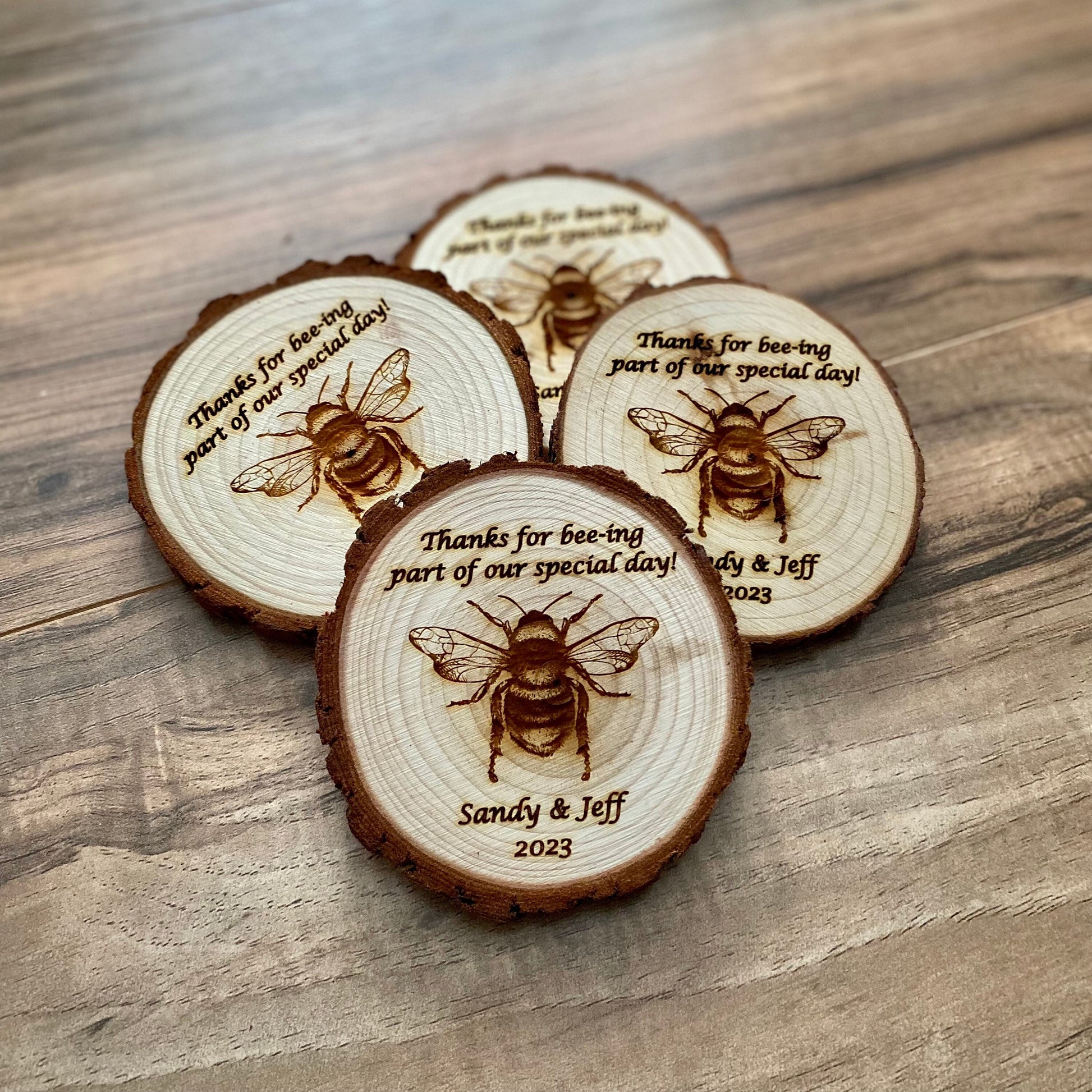 Custom Wood Slice Wedding Favors - Laser Engraved with Couple's Names, Wedding Date, & Bee