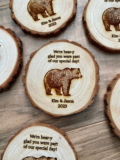 Custom Wood Slice Wedding Favors - Laser Engraved with Couple's Names, Wedding Date, & Bear