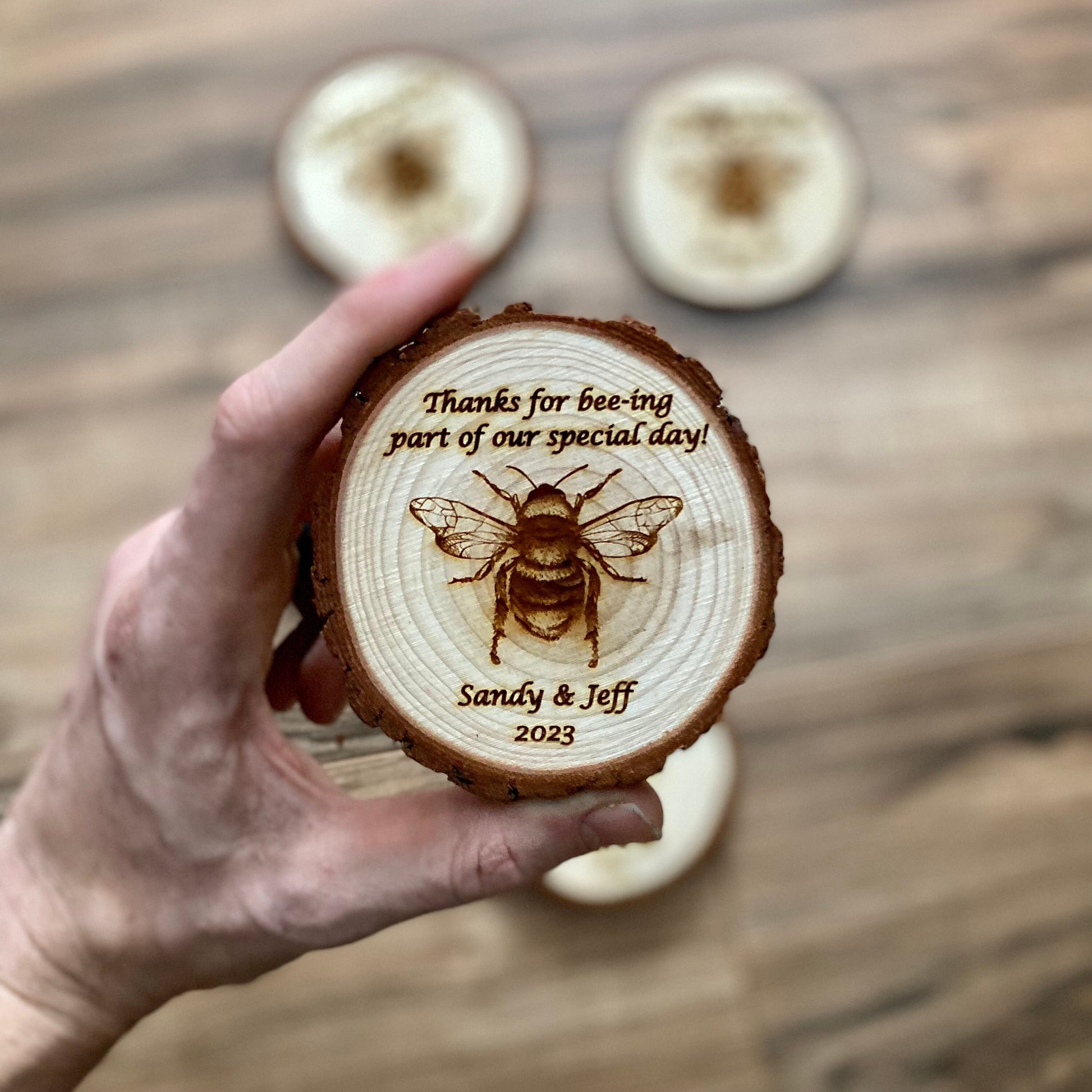 Custom Wood Slice Wedding Favors - Laser Engraved with Couple's Names, Wedding Date, & Bee
