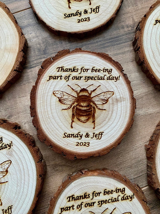 Custom Wood Slice Wedding Favors - Laser Engraved with Couple's Names, Wedding Date, & Bee