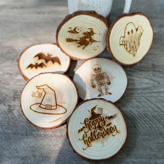 Halloween Mix and Match Coaster Set - Choose from Halloween-themed Wood Slice Coaster Designs
