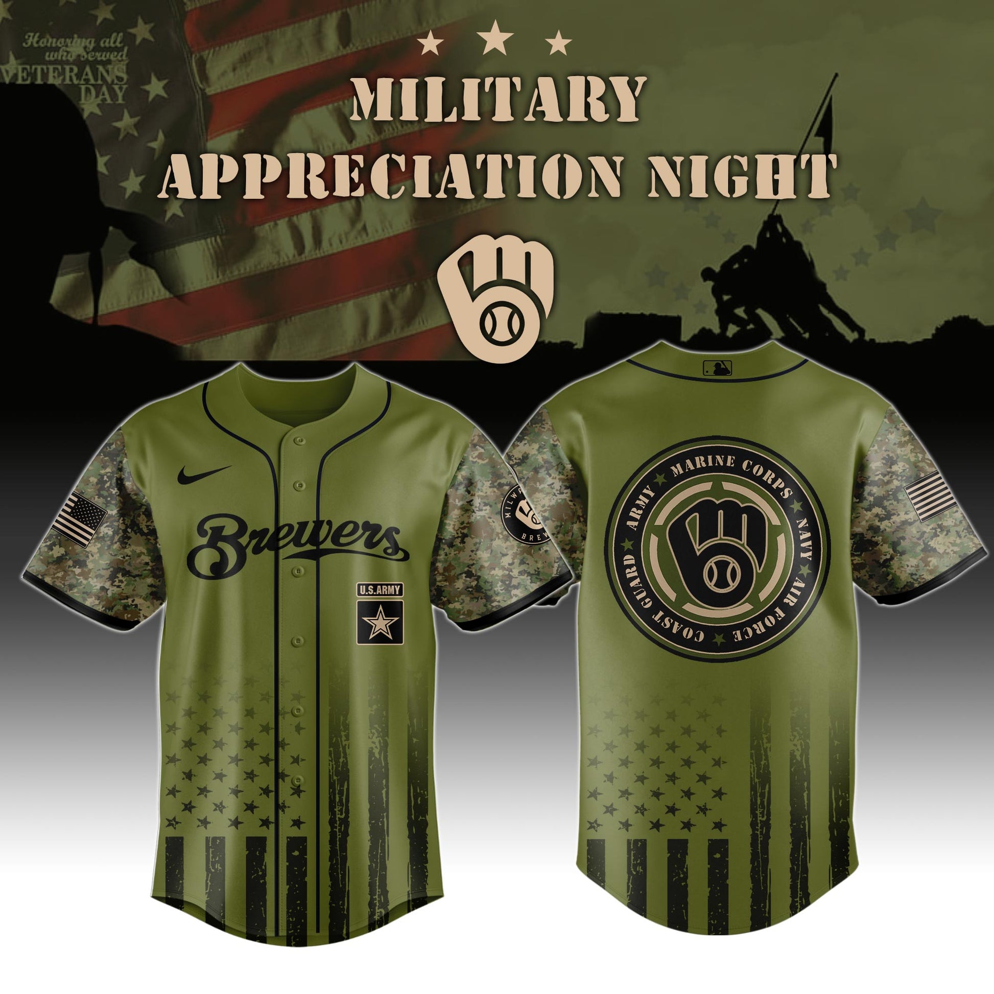 _Milwaukee Brewers MLB x Military Appreciation Night (Army, Navy, USAF, USMC, USCG) Jersey Editions Limited 2025 V2