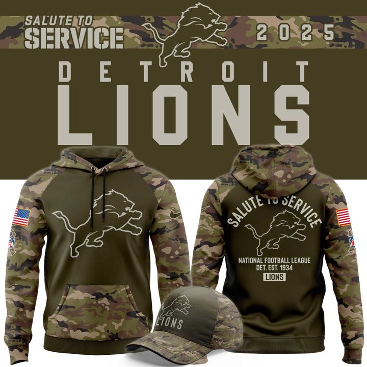 Men's Detroit Lions Olive/Camo 2025 Salute to Service Sideline Hoodie