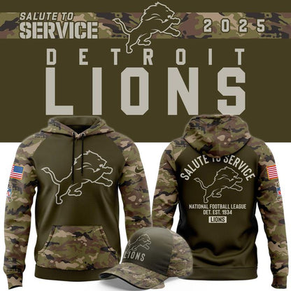 Men's Detroit Lions Olive/Camo 2025 Salute to Service Sideline Hoodie