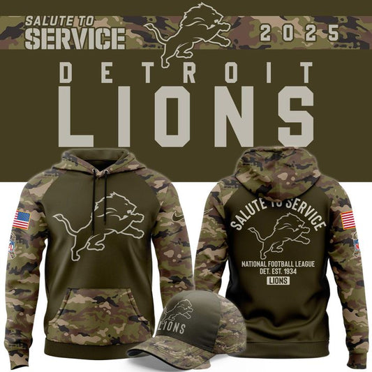 Men's Detroit Lions Olive/Camo 2025 Salute to Service Sideline Hoodie